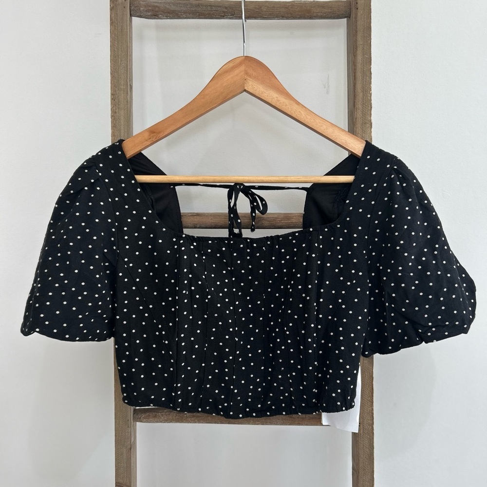 Midnight Sky Black White Polka Dot Smocked Puff Sleeve Crop Top Size S Coquette